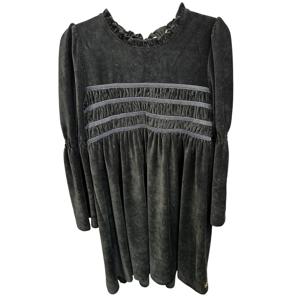 Matilda Jane Velour Smocked Dress Girls Size 14 Black Long Sleeve Ruffled Neck